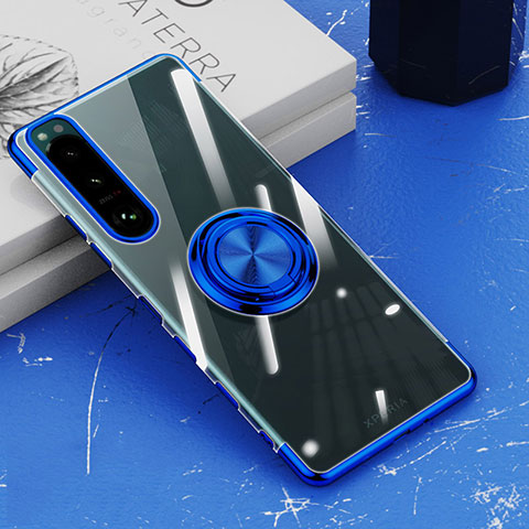 Coque Ultra Slim Silicone Souple Housse Etui Transparente avec Support Bague Anneau Aimante Magnetique pour Sony Xperia 5 III SO-53B Bleu