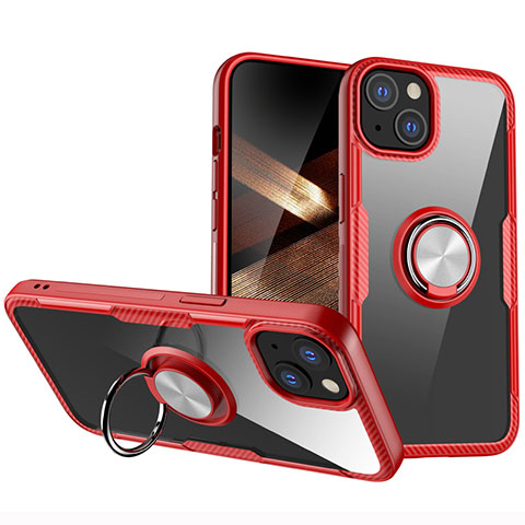 Coque Ultra Slim Silicone Souple Housse Etui Transparente avec Support Bague Anneau Aimante Magnetique S01 pour Apple iPhone 15 Plus Rouge