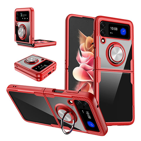 Coque Ultra Slim Silicone Souple Housse Etui Transparente avec Support Bague Anneau Aimante Magnetique S01 pour Samsung Galaxy Z Flip3 5G Rouge