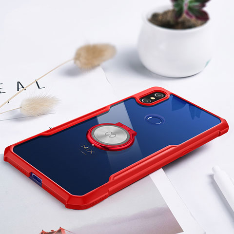 Coque Ultra Slim Silicone Souple Housse Etui Transparente avec Support Bague Anneau Aimante Magnetique S01 pour Xiaomi Mi Mix 3 Rouge