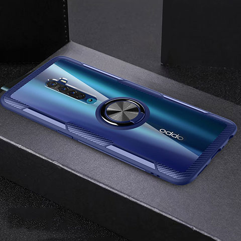 Coque Ultra Slim Silicone Souple Housse Etui Transparente avec Support Bague Anneau Aimante Magnetique S02 pour Oppo Reno2 Bleu