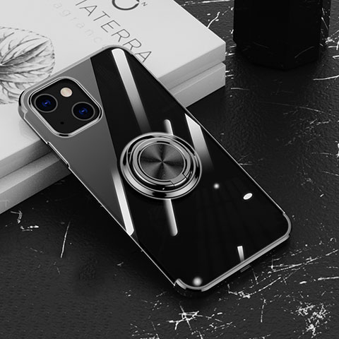 Coque Ultra Slim Silicone Souple Housse Etui Transparente avec Support Bague Anneau Aimante Magnetique Z02 pour Apple iPhone 13 Mini Noir