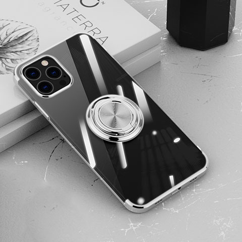 Coque Ultra Slim Silicone Souple Housse Etui Transparente avec Support Bague Anneau Aimante Magnetique Z02 pour Apple iPhone 13 Pro Argent