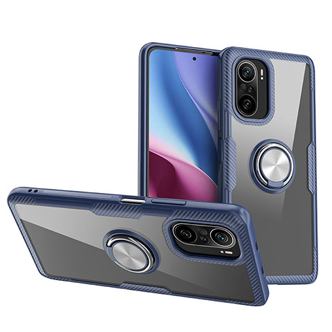 Coque Ultra Slim Silicone Souple Housse Etui Transparente avec Support Bague Anneau Aimante Magnetique ZL1 pour Xiaomi Poco F3 5G Argent et Bleu