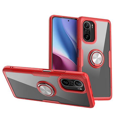 Coque Ultra Slim Silicone Souple Housse Etui Transparente avec Support Bague Anneau Aimante Magnetique ZL1 pour Xiaomi Redmi K40 Pro 5G Rouge