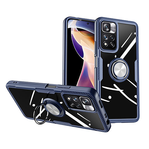 Coque Ultra Slim Silicone Souple Housse Etui Transparente avec Support Bague Anneau Aimante Magnetique ZL1 pour Xiaomi Redmi Note 11 Pro+ Plus 5G Argent et Bleu