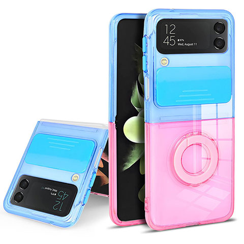 Coque Ultra Slim Silicone Souple Housse Etui Transparente avec Support Bague Anneau S02 pour Samsung Galaxy Z Flip3 5G Bleu