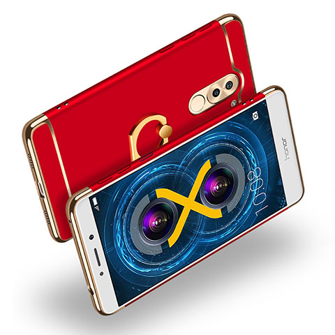 Etui Bumper Luxe Metal et Plastique avec Support Bague Anneau A02 pour Huawei Honor 6X Pro Rouge