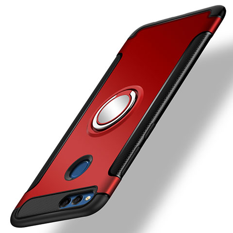 Etui Contour Silicone et Plastique Mat avec Support Bague Anneau pour Huawei Honor 7X Rouge