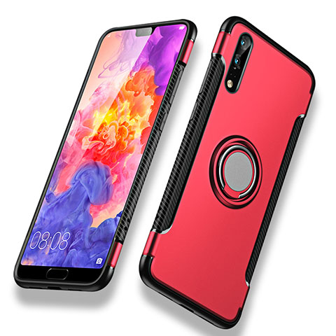 Etui Contour Silicone et Plastique Mat avec Support Bague Anneau pour Huawei P20 Rouge