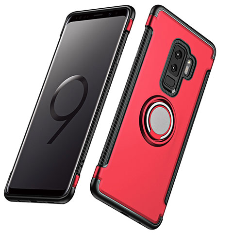 Etui Contour Silicone et Plastique Mat avec Support Bague Anneau pour Samsung Galaxy S9 Plus Rouge