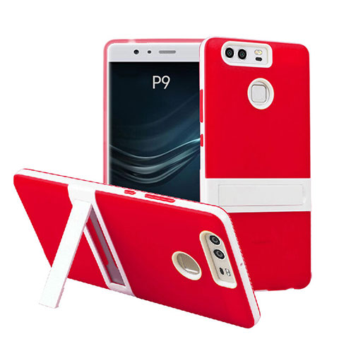 Etui Contour Silicone et Vitre Mat avec Bequille pour Huawei P9 Rouge