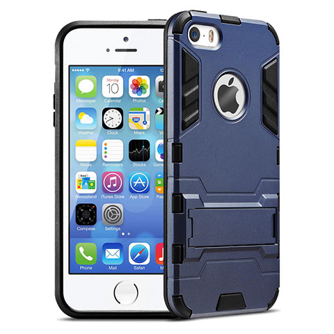 Etui Contour Silicone et Vitre Mat avec Support pour Apple iPhone 5S Bleu