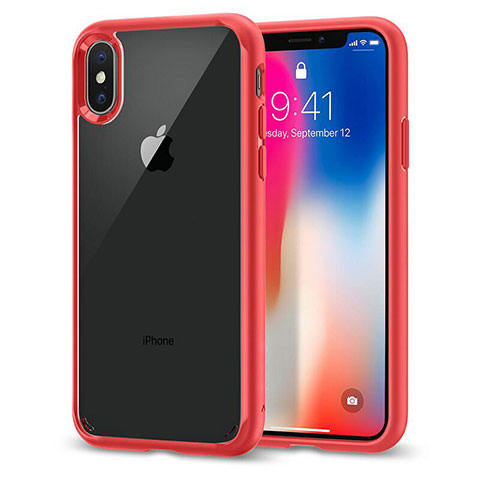 Etui Contour Silicone et Vitre Transparente Miroir 360 Degres pour Apple iPhone X Rouge