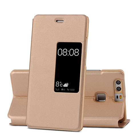 Etui Portefeuille Livre Cuir pour Huawei P9 Or