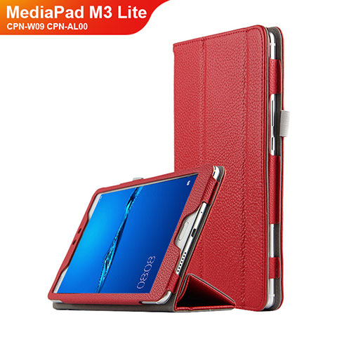 Housse Clapet Portefeuille Livre Cuir L02 pour Huawei MediaPad M3 Lite 8.0 CPN-W09 CPN-AL00 Rouge