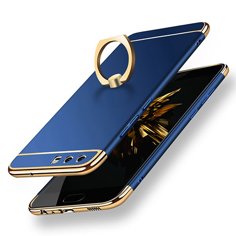 Housse Contour Luxe Metal et Plastique avec Support Bague Anneau A01 pour Huawei P10 Bleu