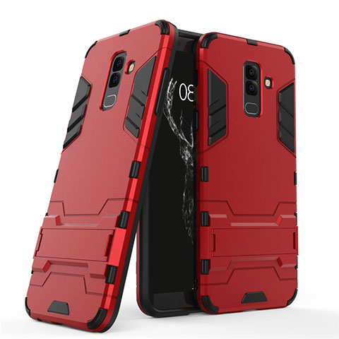 Housse Contour Silicone et Plastique Mat avec Support pour Samsung Galaxy A6 Plus (2018) Rouge