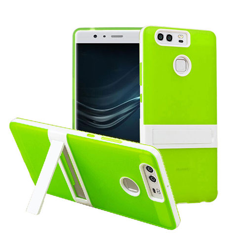 Housse Contour Silicone et Vitre Mat avec Bequille pour Huawei P9 Plus Vert