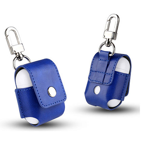 Housse en Cuir avec Mousqueton pour Boitier de Charge de Airpods A01 Bleu