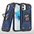 Coque Contour Silicone et Plastique Housse Etui Mat avec Magnetique Support Bague Anneau R02 pour Apple iPhone 12 Bleu