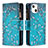 Coque Portefeuille Fleurs Livre Cuir Etui Clapet L03 pour Apple iPhone 13 Cyan