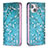 Coque Portefeuille Fleurs Livre Cuir Etui Clapet pour Apple iPhone 13 Cyan