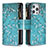 Coque Portefeuille Fleurs Livre Cuir Etui Clapet pour Apple iPhone 13 Pro Max Cyan