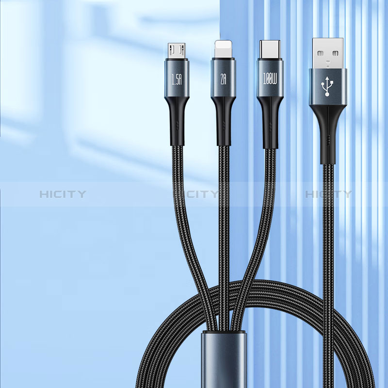 Chargeur Lightning Cable Data Synchro Cable Android Micro USB Type-C 100W H01 Noir Plus