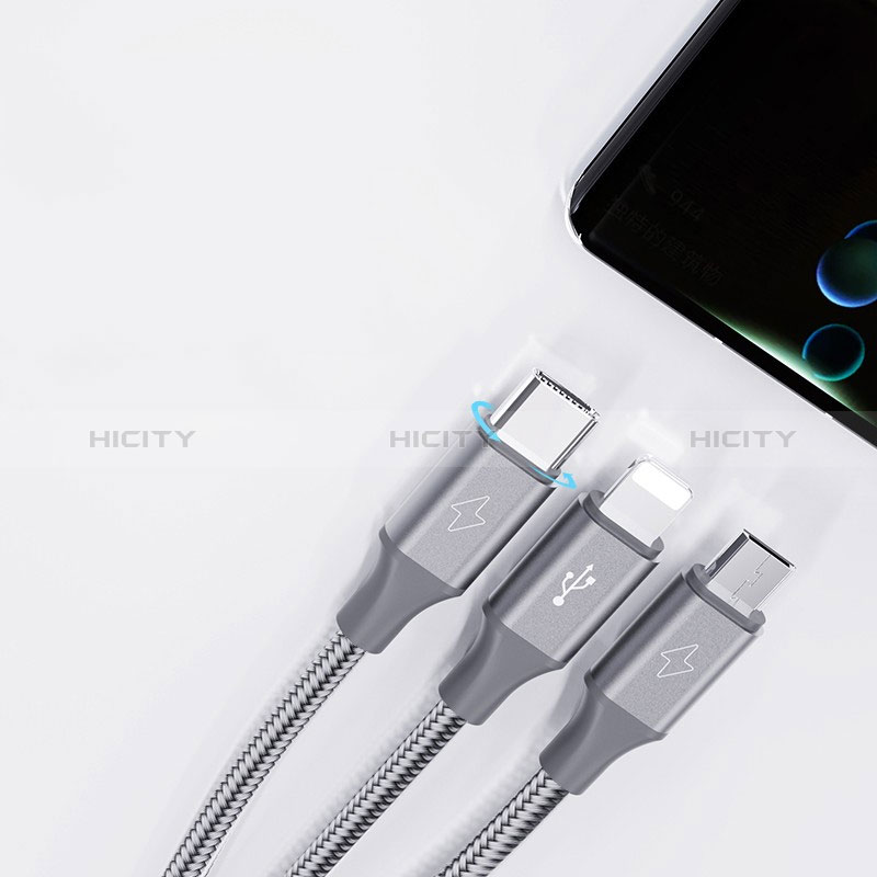 Chargeur Lightning Cable Data Synchro Cable Android Micro USB Type-C 3.5A H01 pour Apple iPhone 15 Gris Fonce Plus