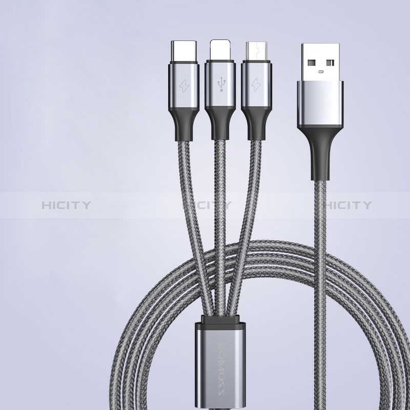 Chargeur Lightning Cable Data Synchro Cable Android Micro USB Type-C 3.5A H01 pour Apple iPhone 15 Plus Gris Fonce Plus