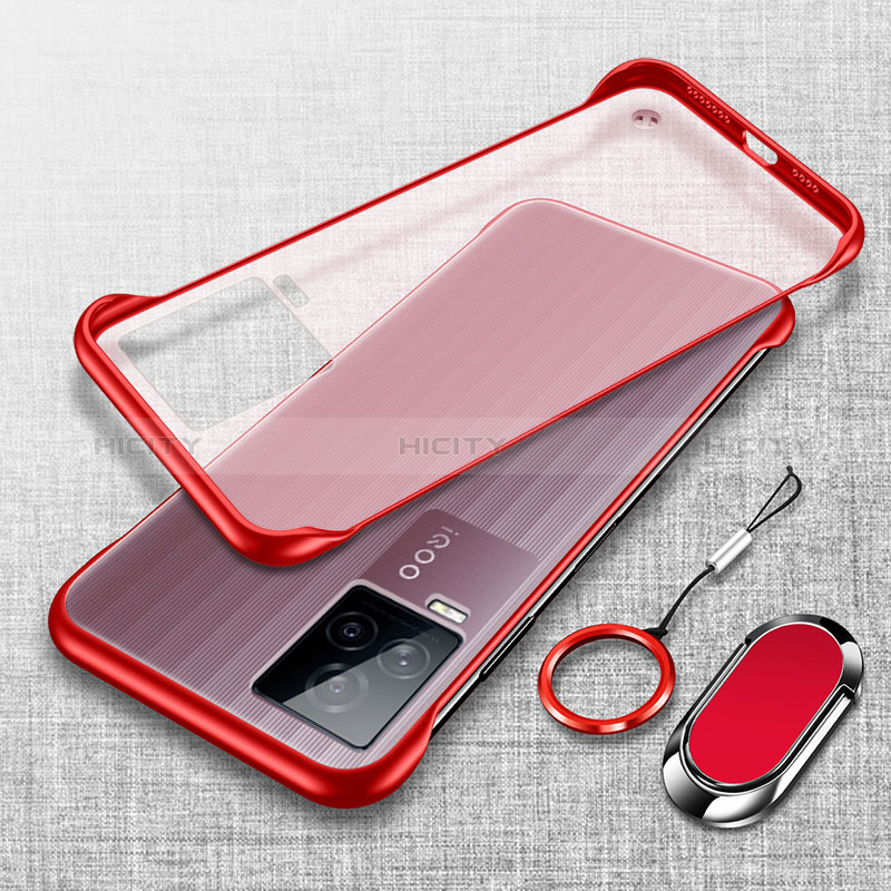 Coque Antichocs Rigide Sans Cadre Transparente Crystal Etui Housse avec Support Bague Anneau Aimante Magnetique pour Vivo iQOO 7 5G Rouge Plus