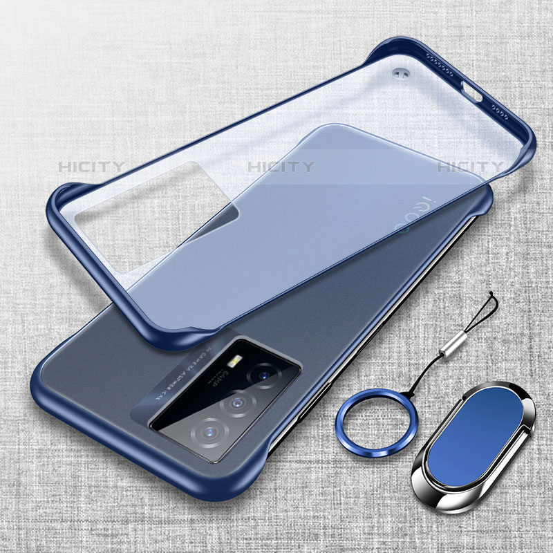 Coque Antichocs Rigide Sans Cadre Transparente Crystal Etui Housse avec Support Bague Anneau Aimante Magnetique pour Vivo iQOO Z5 5G Bleu Plus