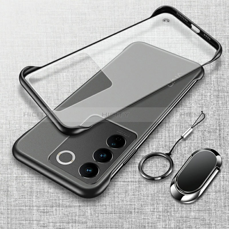 Coque Antichocs Rigide Sans Cadre Transparente Crystal Etui Housse avec Support Bague Anneau Aimante Magnetique pour Vivo V27 5G Noir Plus