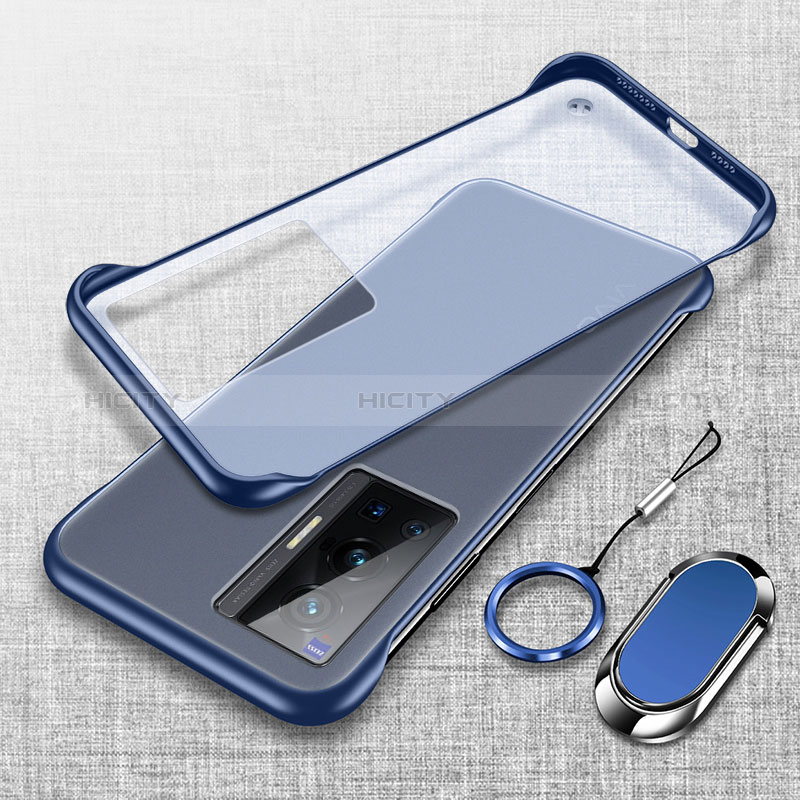 Coque Antichocs Rigide Sans Cadre Transparente Crystal Etui Housse avec Support Bague Anneau Aimante Magnetique pour Vivo X70 Pro 5G Bleu Plus