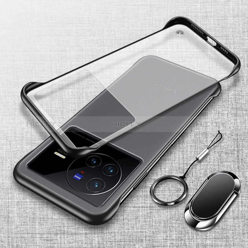 Coque Antichocs Rigide Sans Cadre Transparente Crystal Etui Housse avec Support Bague Anneau Aimante Magnetique pour Vivo X80 5G Noir Plus