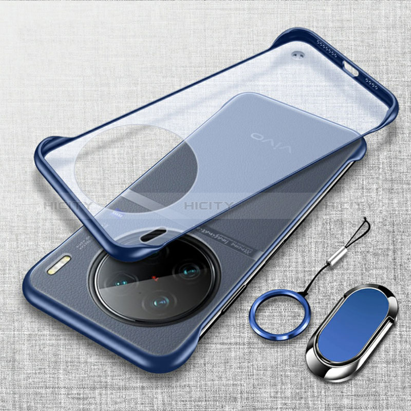 Coque Antichocs Rigide Sans Cadre Transparente Crystal Etui Housse avec Support Bague Anneau Aimante Magnetique pour Vivo X90 5G Bleu Plus