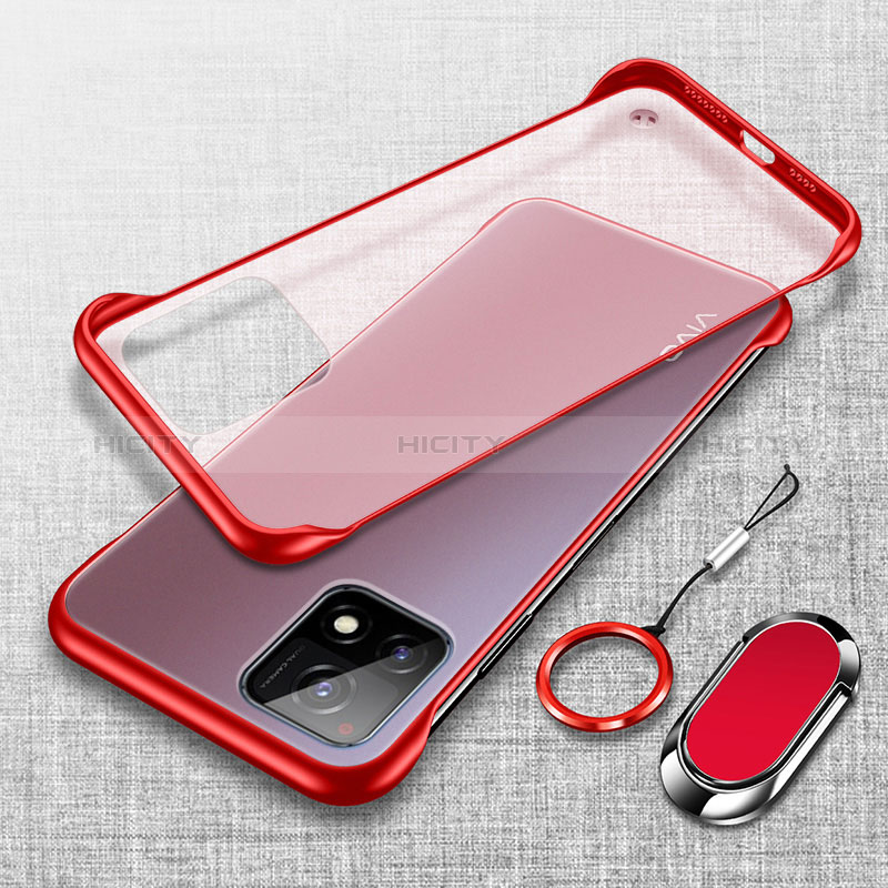 Coque Antichocs Rigide Sans Cadre Transparente Crystal Etui Housse avec Support Bague Anneau Aimante Magnetique pour Vivo Y31s 5G Rouge Plus