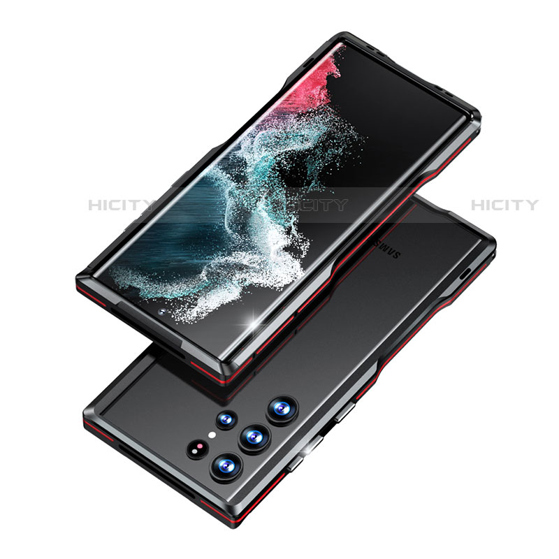 Coque Bumper Luxe Aluminum Metal Etui A03 pour Samsung Galaxy S22 Ultra 5G Rouge et Noir Plus