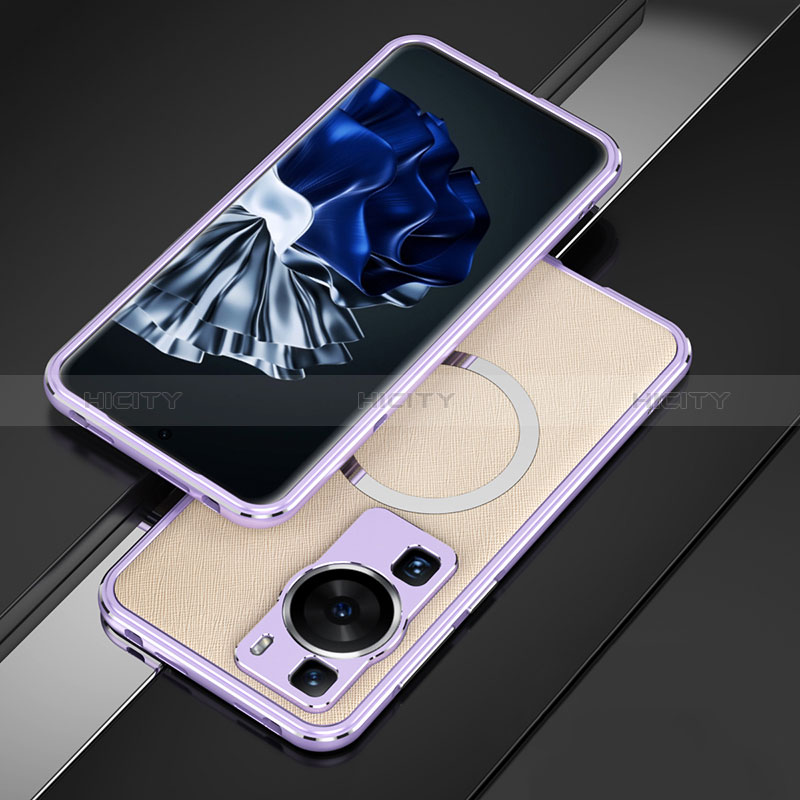 Coque Bumper Luxe Aluminum Metal Etui avec Mag-Safe Magnetic Magnetique pour Huawei P60 Pro Violet Clair Plus