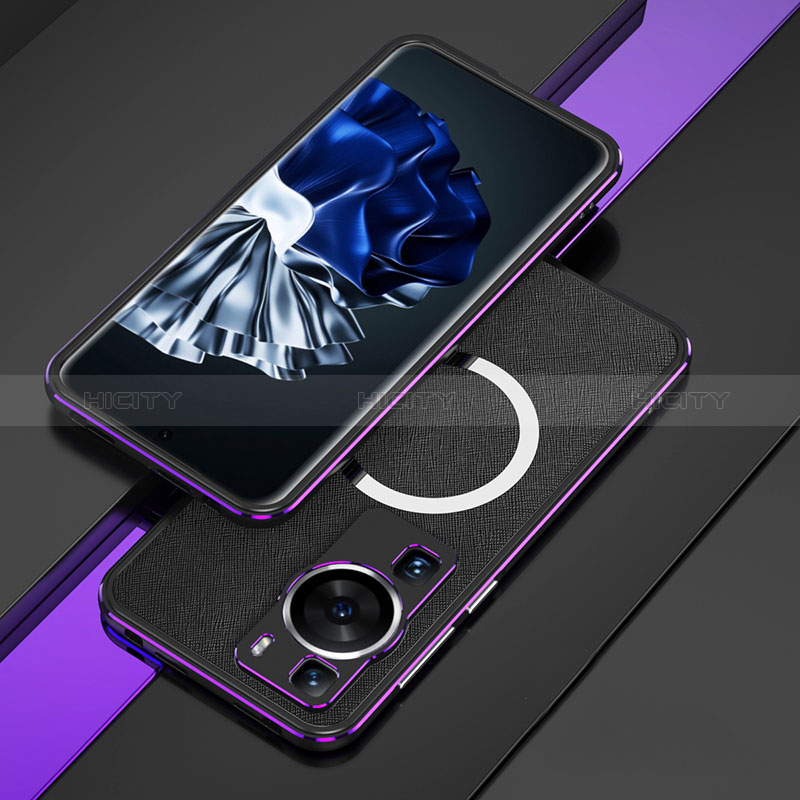 Coque Bumper Luxe Aluminum Metal Etui avec Mag-Safe Magnetic Magnetique pour Huawei P60 Pro Violet et Noir Plus