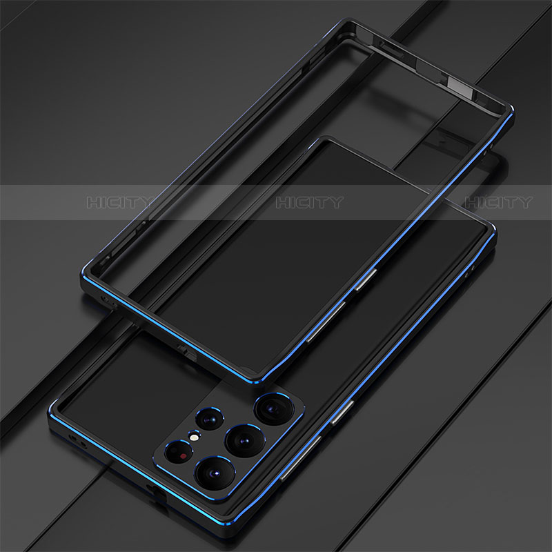 Coque Bumper Luxe Aluminum Metal Etui T01 pour Samsung Galaxy S21 Ultra 5G Bleu et Noir Plus