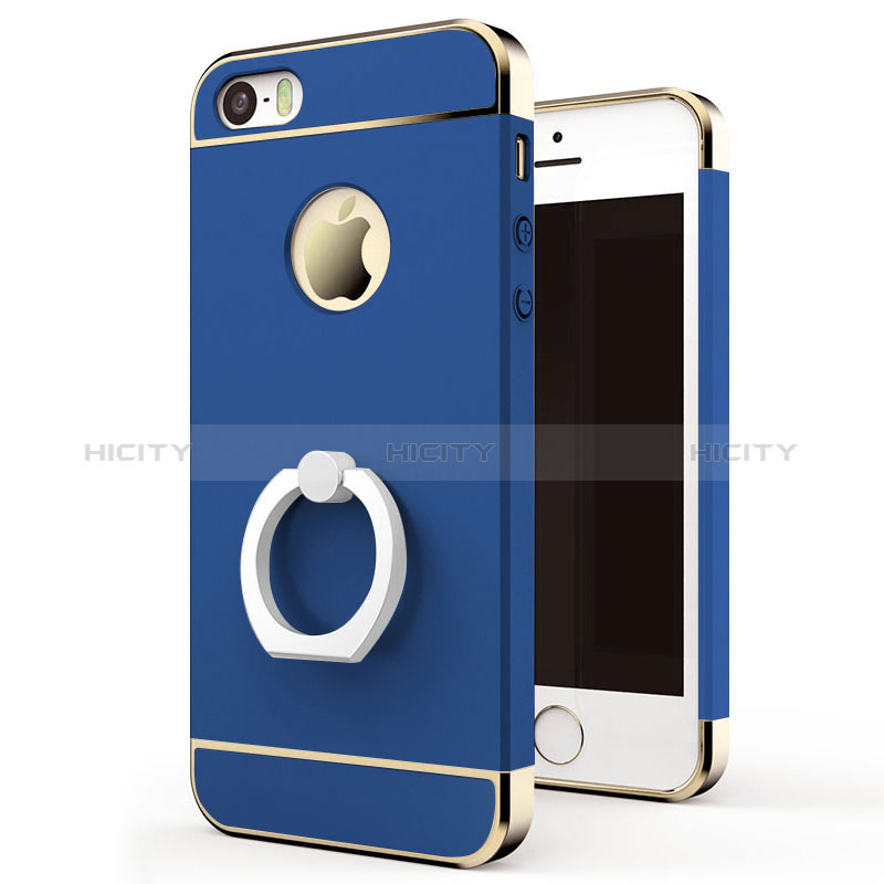 Coque Bumper Luxe Metal et Plastique avec Support Bague Anneau pour Apple iPhone 5 Bleu Plus