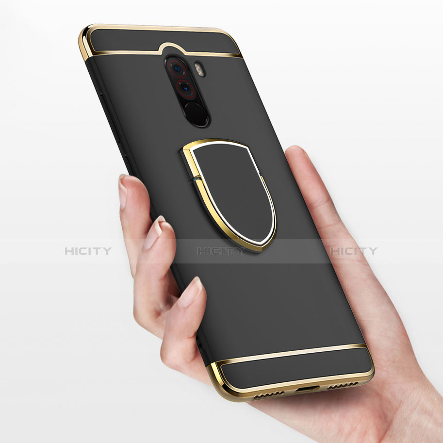 Coque Bumper Luxe Metal et Plastique avec Support Bague Anneau pour Xiaomi Pocophone F1 Noir Plus