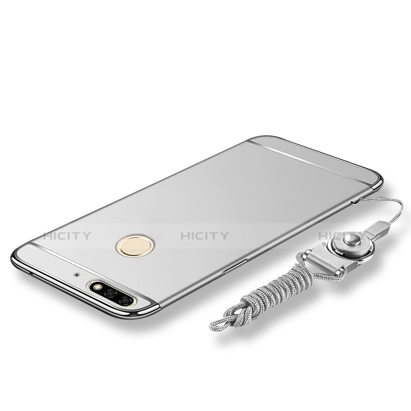 Coque Bumper Luxe Metal et Plastique Etui Housse avec Laniere pour Huawei Enjoy 8 Argent Plus