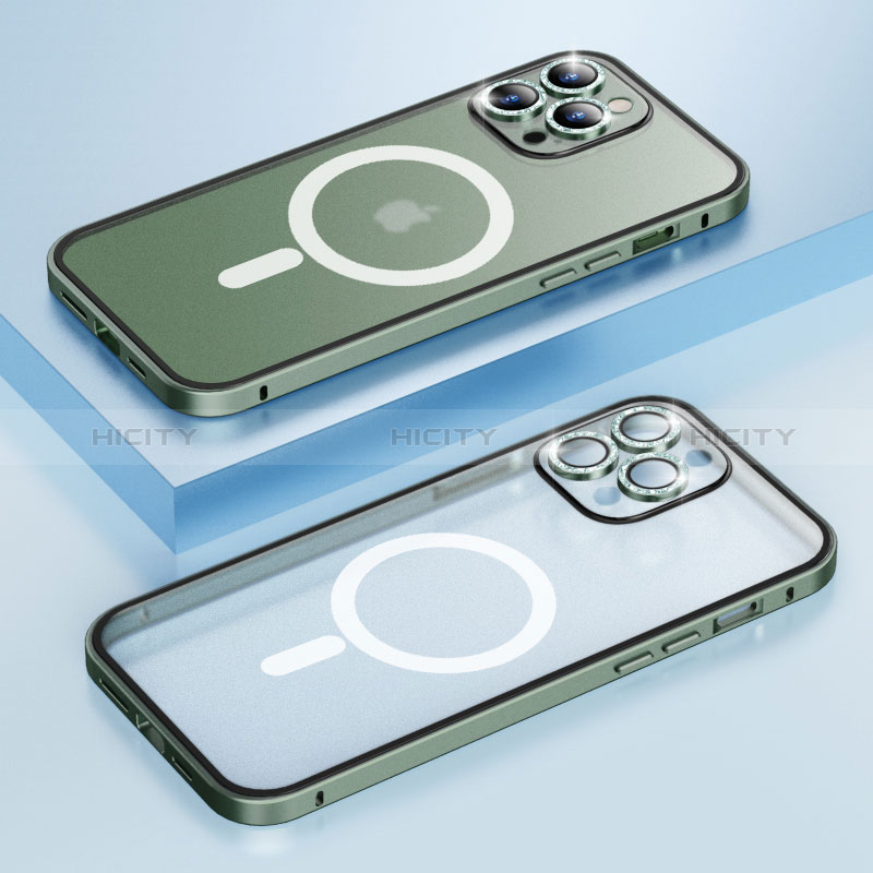 Coque Bumper Luxe Metal et Plastique Etui Housse avec Mag-Safe Magnetic Magnetique Bling-Bling LF1 pour Apple iPhone 13 Pro Vert Plus