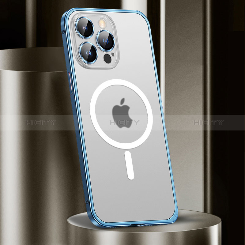 Coque Bumper Luxe Metal et Plastique Etui Housse avec Mag-Safe Magnetic Magnetique JL2 pour Apple iPhone 13 Pro Bleu Plus