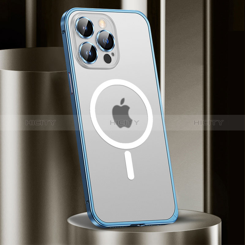 Coque Bumper Luxe Metal et Plastique Etui Housse avec Mag-Safe Magnetic Magnetique JL2 pour Apple iPhone 14 Pro Bleu Plus