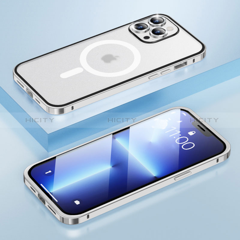 Coque Bumper Luxe Metal et Plastique Etui Housse avec Mag-Safe Magnetic Magnetique LF1 pour Apple iPhone 13 Pro Argent Plus