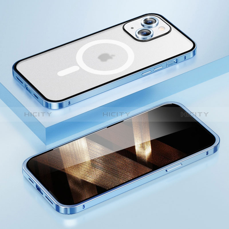 Coque Bumper Luxe Metal et Plastique Etui Housse avec Mag-Safe Magnetic Magnetique LF1 pour Apple iPhone 15 Bleu Plus